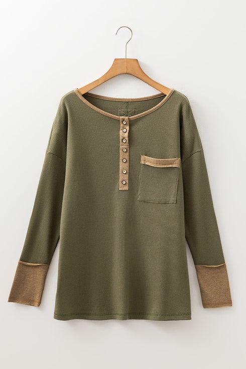 Color Block Waffle Textured Tunic Henley Top with Slits